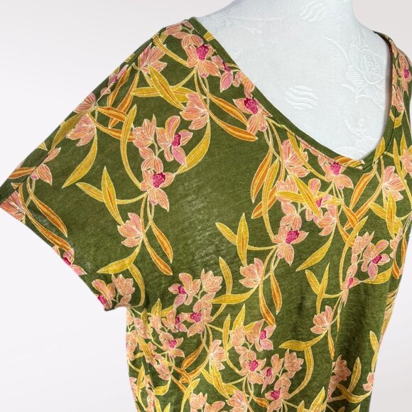 Rachel Zoe Linen Floral Top Green Pink Short Sleeve V Neck Blouse Size Large - Picture 7 of 8